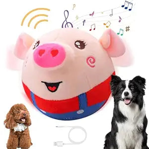 Active Moving Pet Plush Toy, Smart Interactive Dog Toy Pet Bouncing Balls, USB Rechargeable Washable Cartoon Plush Squeaky Pig Dog Toy for Dog/Puppy and Cats, with 120 Music (Red Pig)