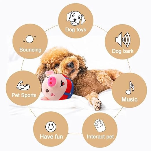 Active Moving Pet Plush Toy, Smart Interactive Dog Toy Pet Bouncing Balls, USB Rechargeable Washable Cartoon Plush Squeaky Pig Dog Toy for Dog/Puppy and Cats, with 120 Music (Red Pig)