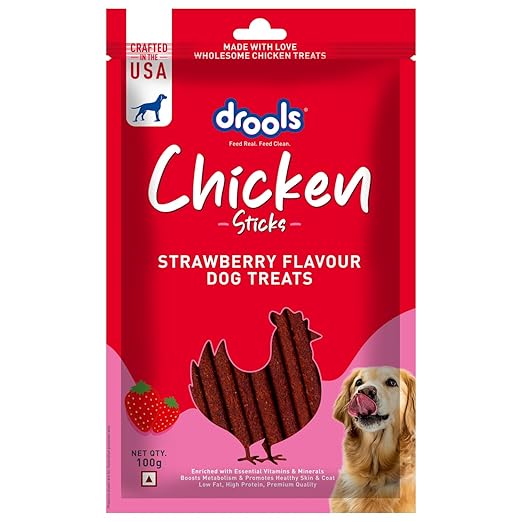 Drools Puppy & Adult Dog Treats Sticks 100g | Strawberry Flavour | Rich in Protein | No Artificial Preservatives | Best for Training & Bonding | Formulated in USA | Premium