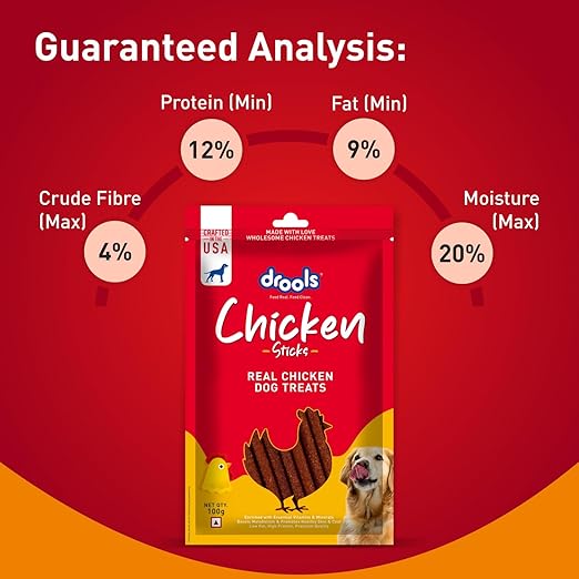 Drools Puppy & Adult Dog Treats Sticks, 100g | Real Chicken Flavour |Rich in Protein | No Artificial Preservatives | Best for Training & Bonding | Formulated in USA | Premium Treats