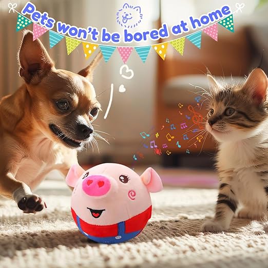 Active Moving Pet Plush Toy, Smart Interactive Dog Toy Pet Bouncing Balls, USB Rechargeable Washable Cartoon Plush Squeaky Pig Dog Toy for Dog/Puppy and Cats, with 120 Music (Red Pig)