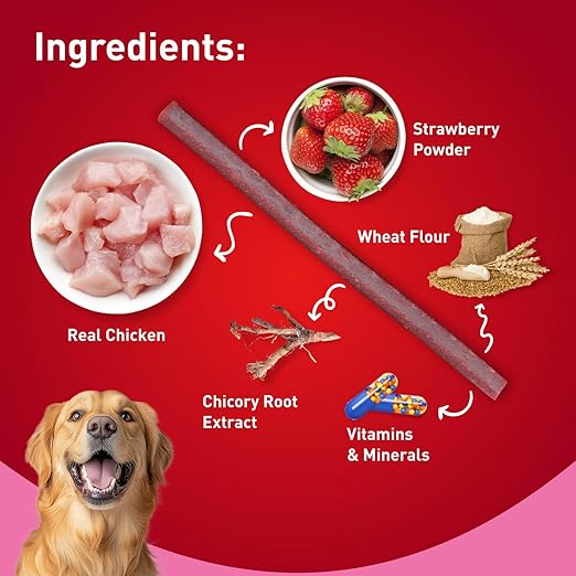 Drools Puppy & Adult Dog Treats Sticks 100g | Strawberry Flavour | Rich in Protein | No Artificial Preservatives | Best for Training & Bonding | Formulated in USA | Premium