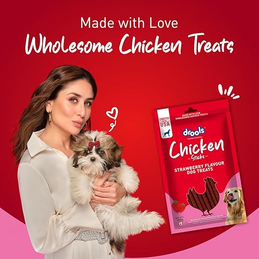 Drools Puppy & Adult Dog Treats Sticks 100g | Strawberry Flavour | Rich in Protein | No Artificial Preservatives | Best for Training & Bonding | Formulated in USA | Premium