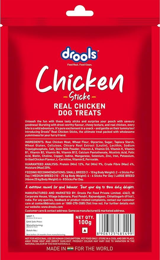 Drools Puppy & Adult Dog Treats Sticks, 100g | Real Chicken Flavour |Rich in Protein | No Artificial Preservatives | Best for Training & Bonding | Formulated in USA | Premium Treats