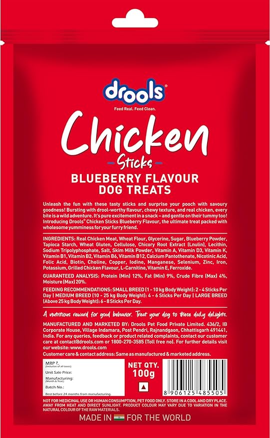 Drools Puppy & Adult Dog Treats Sticks 100g | Blueberry Flavour | Rich in Protein | No Artificial Preservatives | Best for Training & Bonding | Formulated in USA | Premium