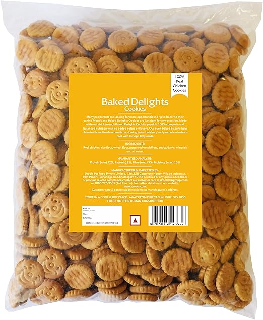 Baked Delights Chicken Flavour, Real Chicken Baked Cookies, Round Shaped- Dog Treats, 800 Gm - All Life Stages, Stick