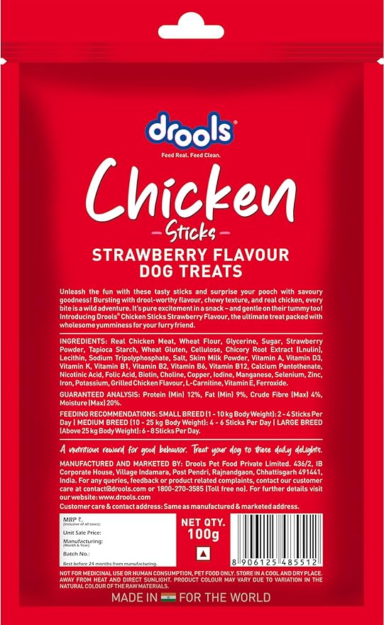 Drools Puppy & Adult Dog Treats Sticks 100g | Strawberry Flavour | Rich in Protein | No Artificial Preservatives | Best for Training & Bonding | Formulated in USA | Premium