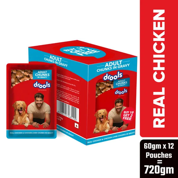 Drools Real Chicken & Chicken Liver Chunks in Gravy Adult Dog Wet Food (60g)