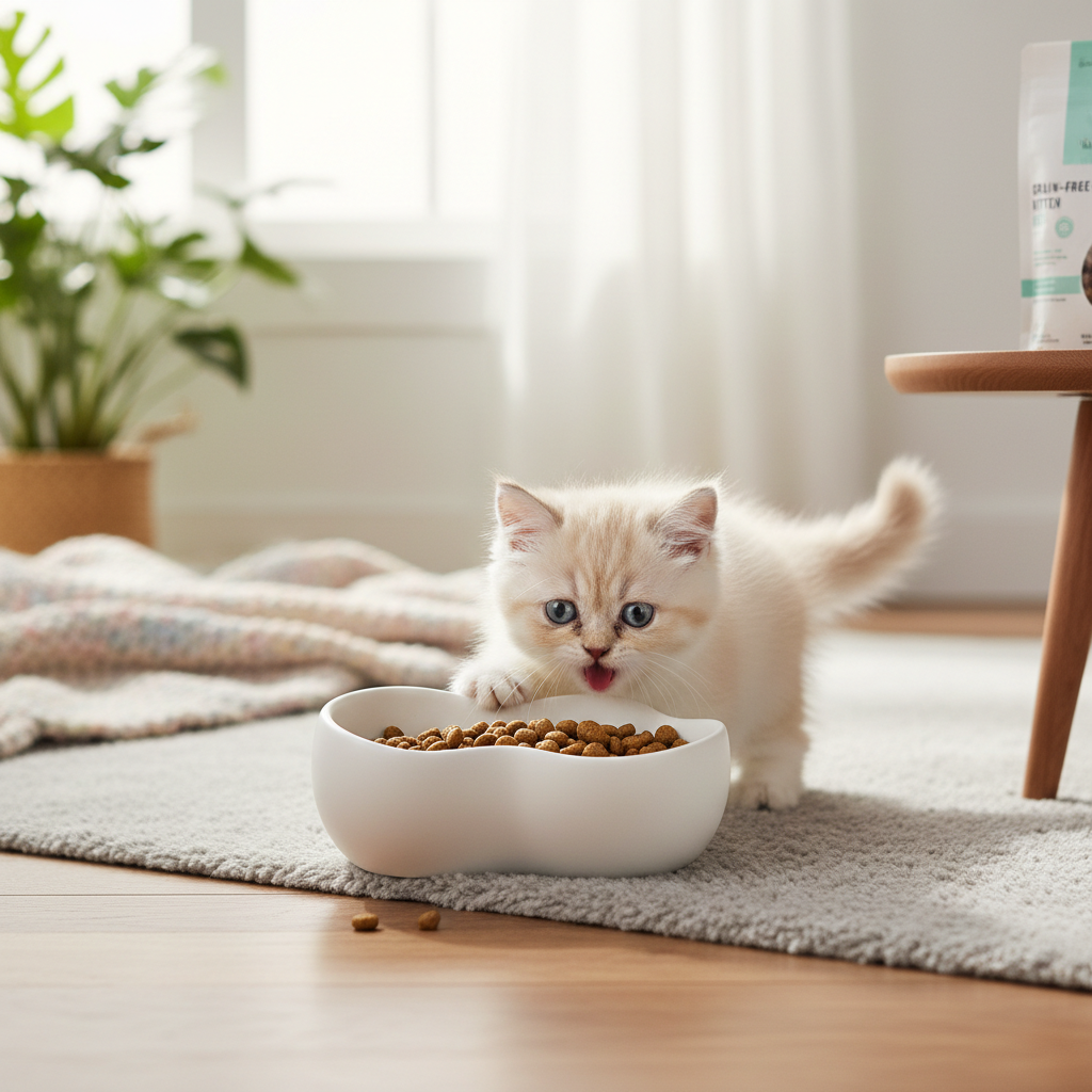 Healthy Persian kitten enjoying Grain Zero kitten food