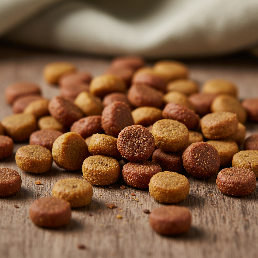 Close-up of grain-free kitten food kibble showing texture and quality
