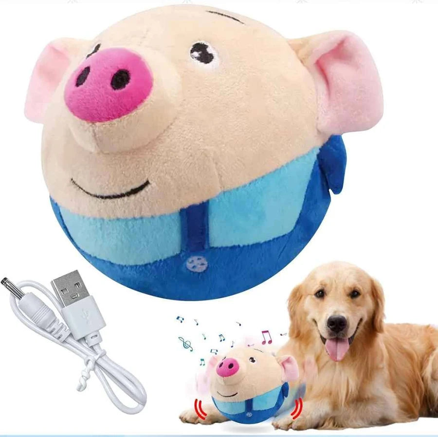 Active Moving Pet Plush Toy, Smart Interactive Dog Toy Pet Bouncing Balls, USB Rechargeable Washable Cartoon Plush Squeaky Pig Dog Toy for Dog/Puppy and Cats, with 120 Music (Red Pig)